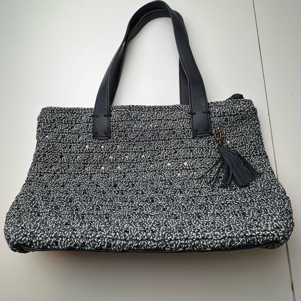The Sak Fairmont Crochet Zip Top Tote Shoulder Bag Blue White